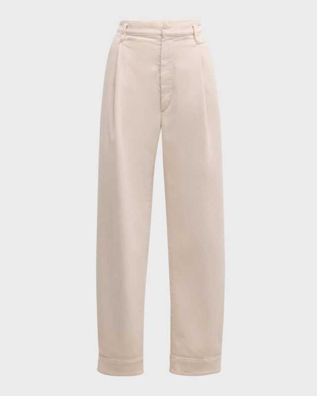 Pleated Straight-Leg Ankle Cotton Pants With Monili Belt Loop